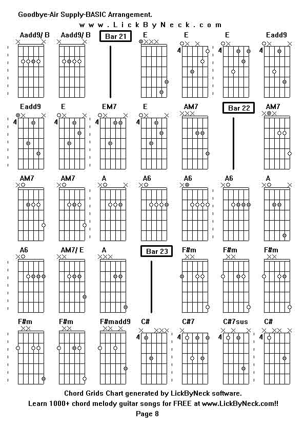 Chord Grids Chart of chord melody fingerstyle guitar song-Goodbye-Air Supply-BASIC Arrangement,generated by LickByNeck software.